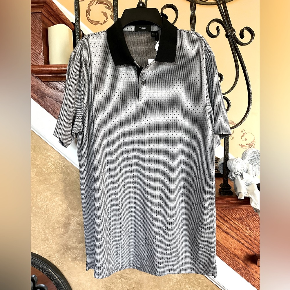Theory Bron Classic Polo Shirt Black Multi Mini Jacquard Size M